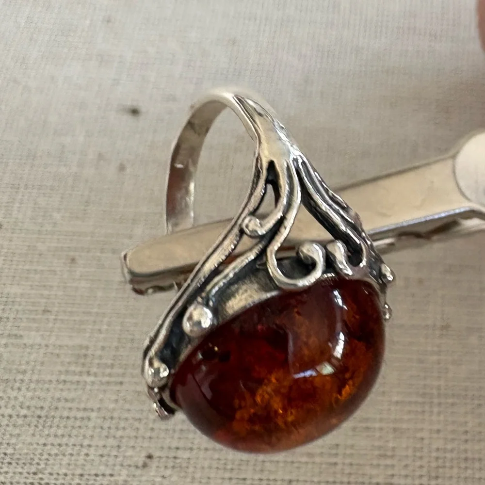 Sterling Silver and Amber Cabochon Bezel Set Ring